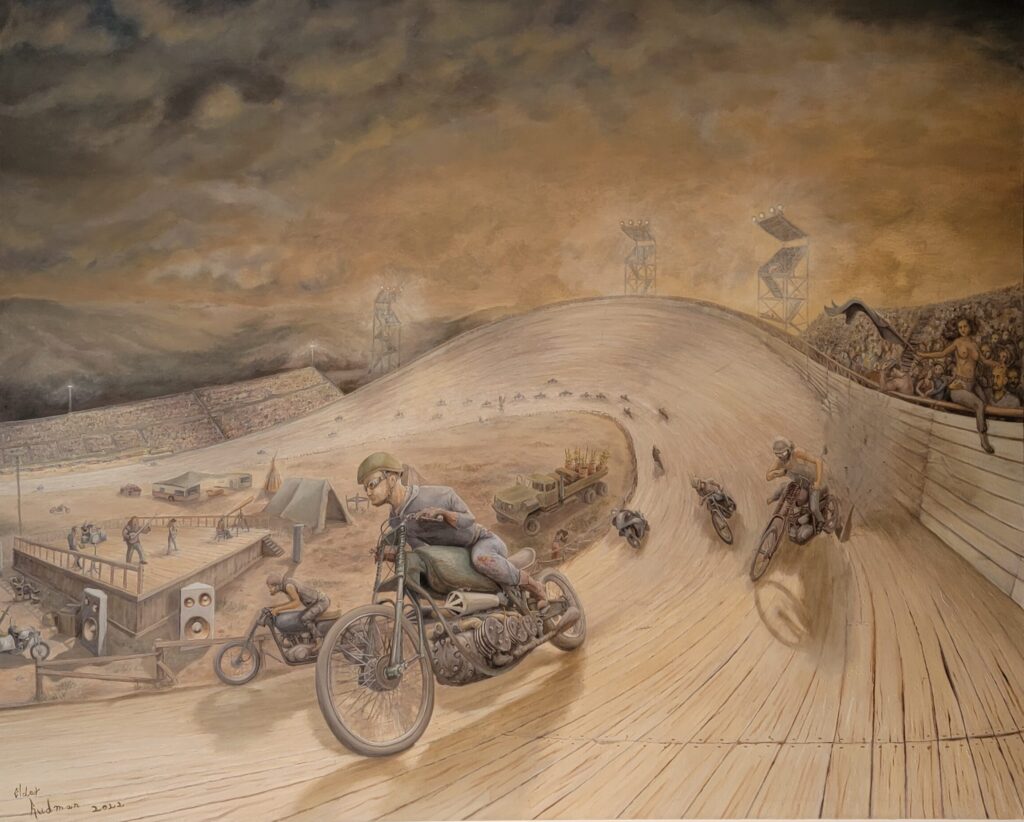 oil painting of an antique motorcycle race